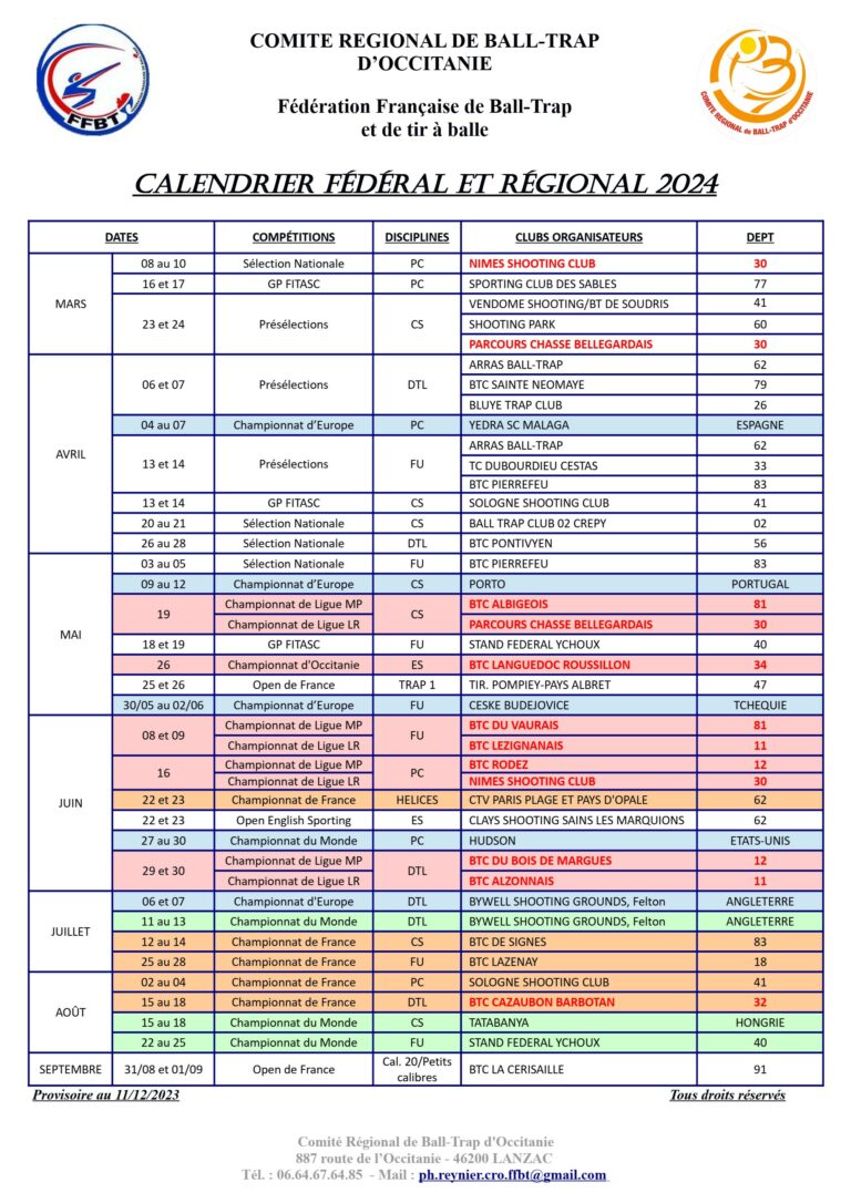 CALENDRIER SPORTIF FÉDÉRAL ET RÉGIONAL 2024 Comité Régional de Ball